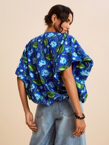 LOTSLUV 女款全印花蝙蝠袖上衣 藍色花卉 夏季波希米亞風 早午餐度假教師襯衫 可愛優雅上衣 - 藍色 - 查看 2