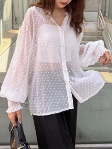 FRIFUL Women's Sheer Textured Fabric Long Sleeve Cuffed Casual Loose Versatile Shirt Fall - Beige - View 7