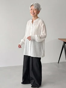 FRIFUL Women's Sheer Textured Fabric Long Sleeve Cuffed Casual Loose Versatile Shirt Fall - Beige - View 2