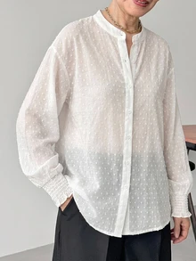 FRIFUL Women's Sheer Textured Fabric Long Sleeve Cuffed Casual Loose Versatile Shirt Fall - Beige - View 5