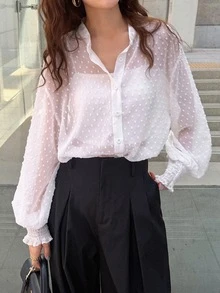 FRIFUL Women's Sheer Textured Fabric Long Sleeve Cuffed Casual Loose Versatile Shirt Fall - Beige - View 9