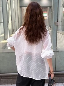 FRIFUL Women's Sheer Textured Fabric Long Sleeve Cuffed Casual Loose Versatile Shirt Fall - Beige - View 6