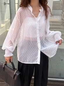 FRIFUL Women's Sheer Textured Fabric Long Sleeve Cuffed Casual Loose Versatile Shirt Fall - Beige - View 8