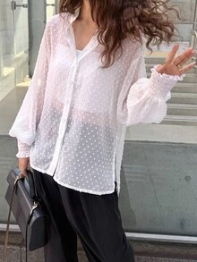 FRIFUL Women's Sheer Textured Fabric Long Sleeve Cuffed Casual Loose Versatile Shirt Fall - Beige - View 10