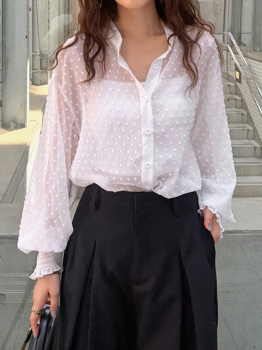 FRIFUL Women's Sheer Textured Fabric Long Sleeve Cuffed Casual Loose Versatile Shirt Fall - Beige - View 1