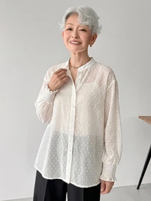 FRIFUL Women's Sheer Textured Fabric Long Sleeve Cuffed Casual Loose Versatile Shirt Fall - Beige - View 4