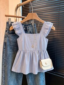 SHEIN Franclia 2026新款女士蓝白条纹方领衬衫，荷叶边袖口，双层荷叶边饰边，短款休闲办公简约度假风 - 藍白色 - 查看 4