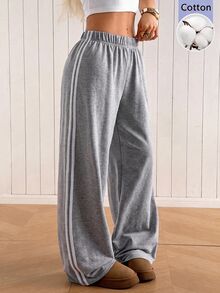 SHEIN EZwear 休閒寬鬆灰色針織女款運動長褲 - 淺灰色 - 查看 9