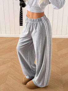 SHEIN EZwear 休閒寬鬆灰色針織女款運動長褲 - 淺灰色 - 查看 7