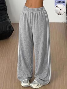 SHEIN EZwear 休閒寬鬆灰色針織女款運動長褲 - 淺灰色 - 查看 10