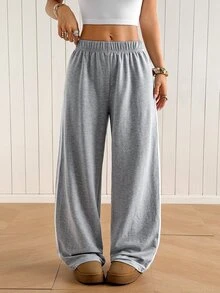 SHEIN EZwear 休閒寬鬆灰色針織女款運動長褲 - 淺灰色 - 查看 8