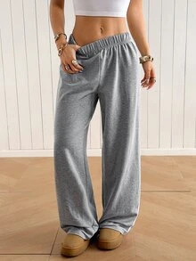 SHEIN EZwear 休閒寬鬆灰色針織女款運動長褲 - 淺灰色 - 查看 4
