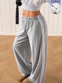 SHEIN EZwear 休閒寬鬆灰色針織女款運動長褲 - 淺灰色 - 查看 1