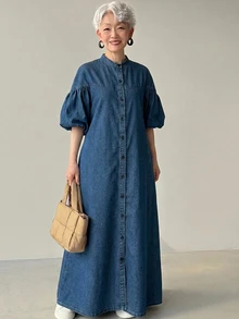 FRIFUL Women's Solid Color Lantern Sleeve Fashion Front Button Long Denim Dress, Fall Formal Office Blue Casual Loose Fit - Blue - View 3