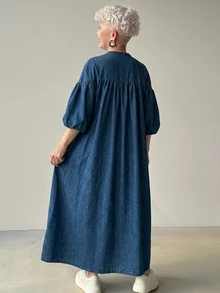 FRIFUL Women's Solid Color Lantern Sleeve Fashion Front Button Long Denim Dress, Fall Formal Office Blue Casual Loose Fit - Blue - View 2