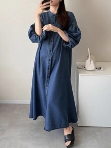 FRIFUL Women's Solid Color Lantern Sleeve Fashion Front Button Long Denim Dress, Fall Formal Office Blue Casual Loose Fit - Blue - View 8