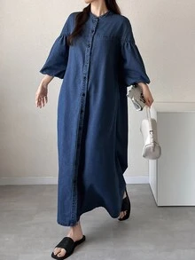 FRIFUL Women's Solid Color Lantern Sleeve Fashion Front Button Long Denim Dress, Fall Formal Office Blue Casual Loose Fit - Blue - View 10