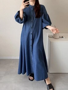 FRIFUL Women's Solid Color Lantern Sleeve Fashion Front Button Long Denim Dress, Fall Formal Office Blue Casual Loose Fit - Blue - View 1