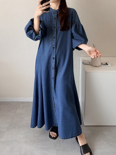 FRIFUL Gaun Denim Panjang Wanita Warna Polos Lengan Lentera Kancing Depan Modis, Gaun Formal Kantor Musim Gugur Warna Biru Kasual Longgar