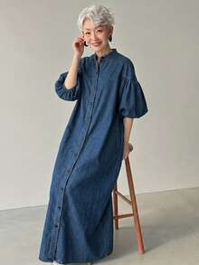 FRIFUL Women's Solid Color Lantern Sleeve Fashion Front Button Long Denim Dress, Fall Formal Office Blue Casual Loose Fit - Blue - View 5