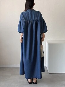 FRIFUL Women's Solid Color Lantern Sleeve Fashion Front Button Long Denim Dress, Fall Formal Office Blue Casual Loose Fit - Blue - View 6