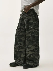 Baseblock Streetwear Camouflage Cargo Pants, Button Design Multi-Pocket Casual Loose Wide Leg Jeans 90s Style - Army Green - View 4