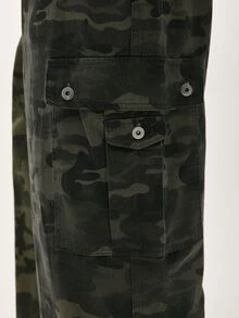 Baseblock Streetwear Camouflage Cargo Pants, Button Design Multi-Pocket Casual Loose Wide Leg Jeans 90s Style - Army Green - View 3