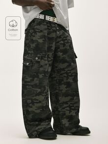 Baseblock Streetwear Camouflage Cargo Pants, Button Design Multi-Pocket Casual Loose Wide Leg Jeans 90s Style - Army Green - View 1