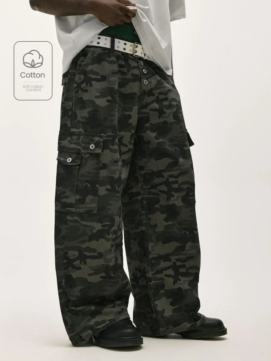 Baseblock Streetwear Camouflage Cargo Pants, Button Design Multi-Pocket Casual Loose Wide Leg Jeans 90s Style - Army Green - View 1