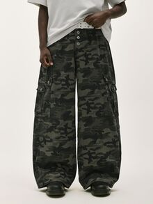 Baseblock Streetwear Camouflage Cargo Pants, Button Design Multi-Pocket Casual Loose Wide Leg Jeans 90s Style - Army Green - View 5