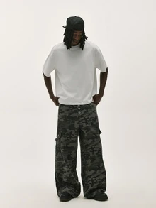 Baseblock Streetwear Camouflage Cargo Pants, Button Design Multi-Pocket Casual Loose Wide Leg Jeans 90s Style - Army Green - View 6