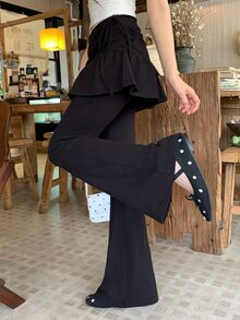 DAZY Celana Panjang Kasual Wanita Gaya Korea 2 in 1 Warna Polos dengan Hiasan Ruffle untuk Musim Gugur - Hitam - View 5