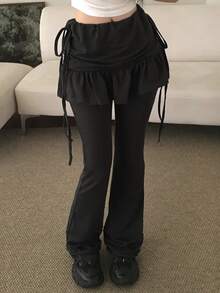 DAZY Celana Panjang Kasual Wanita Gaya Korea 2 in 1 Warna Polos dengan Hiasan Ruffle untuk Musim Gugur - Hitam - View 1