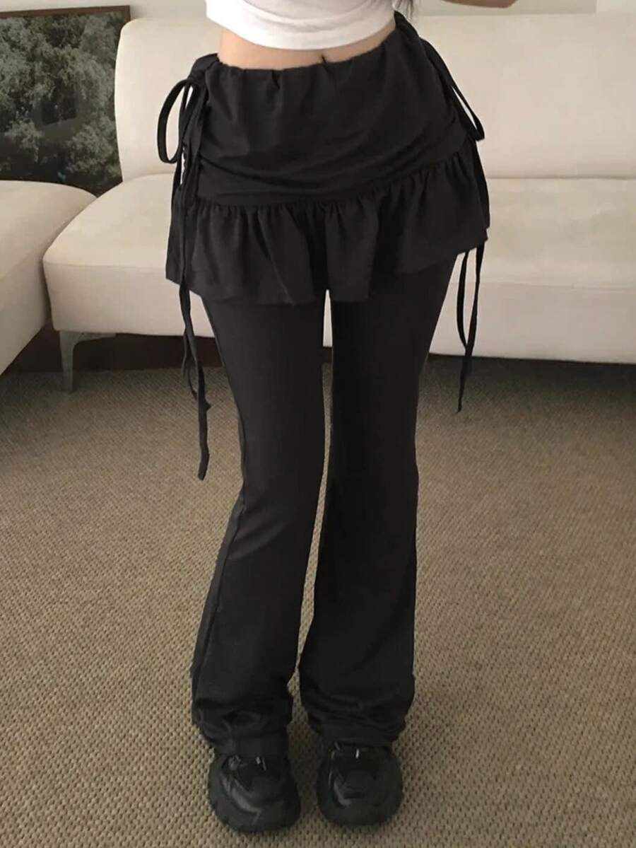 DAZY Celana Panjang Kasual Wanita Gaya Korea 2 in 1 Warna Polos dengan Hiasan Ruffle untuk Musim Gugur - Hitam - View 1