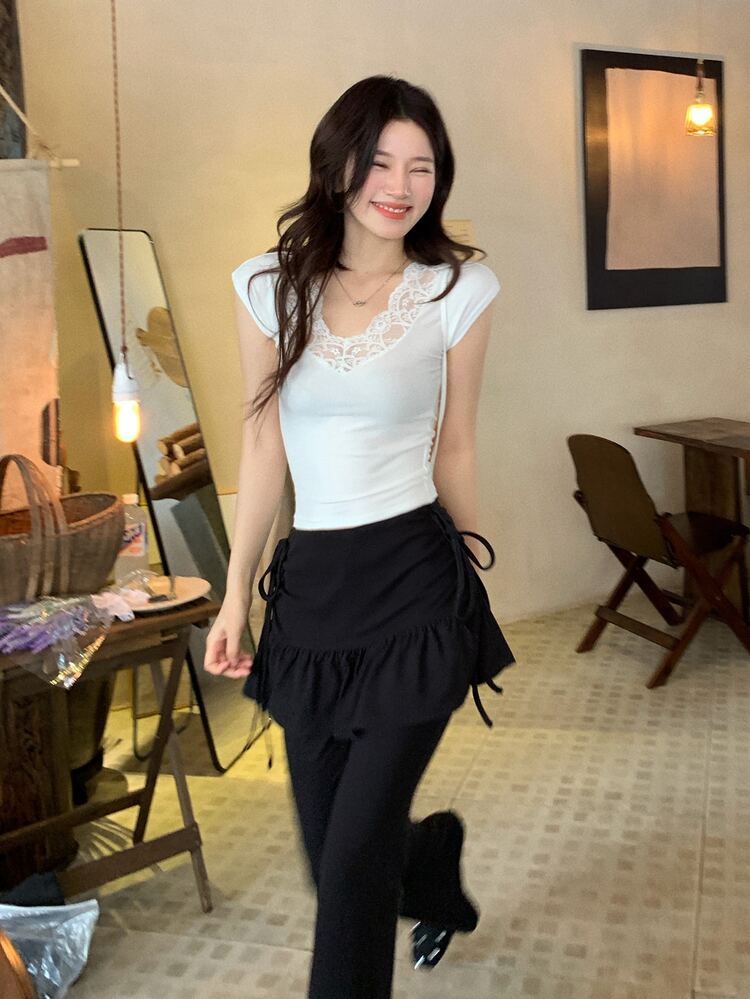 DAZY 女款荷葉邊飾 2 合 1 韓式純色休閒長褲 秋季 - 黑色 - 查看 7