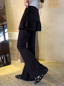 DAZY Celana Panjang Kasual Wanita Gaya Korea 2 in 1 Warna Polos dengan Hiasan Ruffle untuk Musim Gugur - Hitam - View 6