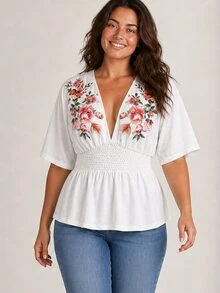ELLERISSA Plus Size White Floral Embroidery V-Neck Smocked Waist Peplum Blouse - White - View 3