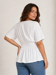 ELLERISSA Plus Size White Floral Embroidery V-Neck Smocked Waist Peplum Blouse - White - View 2