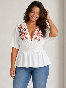 ELLERISSA Plus Size White Floral Embroidery V-Neck Smocked Waist Peplum Blouse - White - View 5