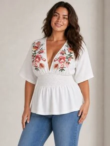 ELLERISSA Plus Size White Floral Embroidery V-Neck Smocked Waist Peplum Blouse - White - View 1