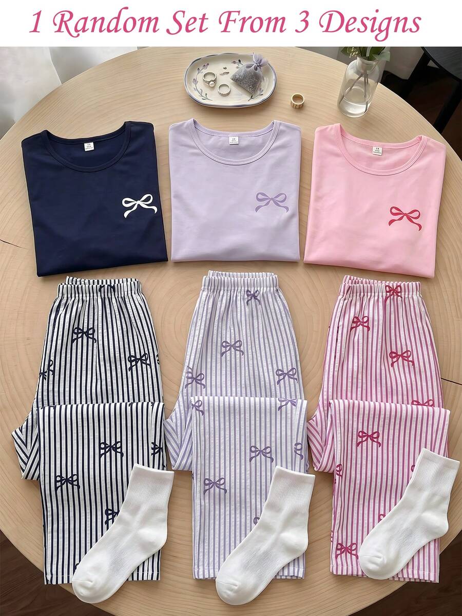 隨機 1 套女款青少年時尚優雅休閒舒適經典極簡甜美可愛純色圓領套頭短袖蝴蝶結印花泡泡格紋長褲蝴蝶結條紋居家睡衣套裝 - 彩色 - 查看 1