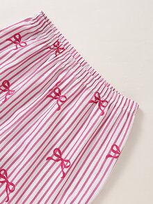 隨機 1 套女款青少年時尚優雅休閒舒適經典極簡甜美可愛純色圓領套頭短袖蝴蝶結印花泡泡格紋長褲蝴蝶結條紋居家睡衣套裝 - 彩色 - 查看 6