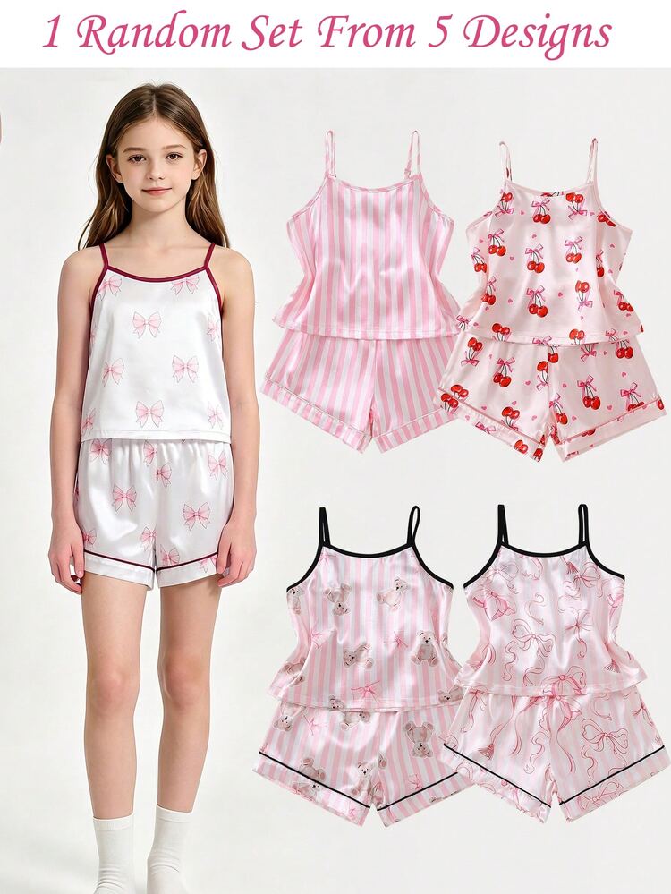 SHEIN Randomly Sent 1 Set Girls' Sweet Cute Elegant Casual Daily Comfortable Minimalist Fashion Soft Skin-Friendly Woven Faux Silk Satin Pink Striped Bear Bow Cherry Cartoon Print Camisole Shorts Pajama Set Loungewear 2-Piece Set - Multicolor - View 7
