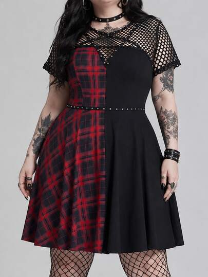 Grunge Punk Plaid Mesh Patchwork Pentagram Plus Size Short Dress