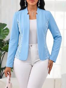 SHEIN Lady 女款淺藍色蕾絲透視長袖翻領西裝外套，優雅休閒辦公通勤商務專業開襟外套，秋季款 - 藍色 - 查看 4