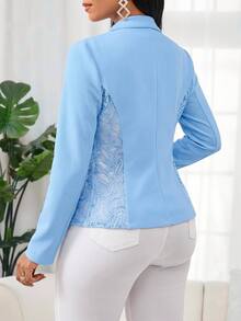 SHEIN Lady 女款淺藍色蕾絲透視長袖翻領西裝外套，優雅休閒辦公通勤商務專業開襟外套，秋季款 - 藍色 - 查看 7