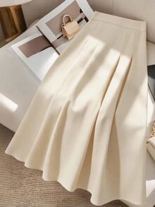 Modelyn Elegant Fashionable Versatile Solid Color High-Waisted Pleated Skirt - Apricot - View 2