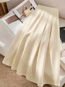 Modelyn Elegant Fashionable Versatile Solid Color High-Waisted Pleated Skirt - Apricot - View 3