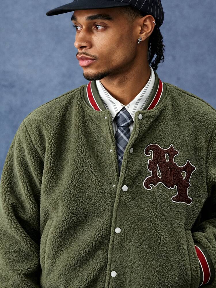 Manfinity Roghcode Men's Spring Casual Streetwear Pattern, Unisex Fashion Style Long Sleeve Jacket, Towel Embroidery, Autumn/Winter Style, Autumn Vacation Green - Army Green - View 1