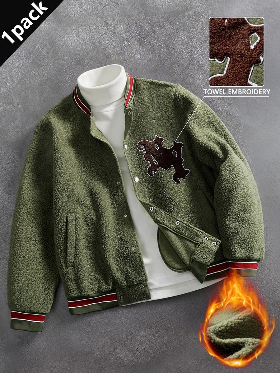Manfinity Roghcode Men's Spring Casual Streetwear Pattern, Unisex Fashion Style Long Sleeve Jacket, Towel Embroidery, Autumn/Winter Style, Autumn Vacation Green - Army Green - View 1